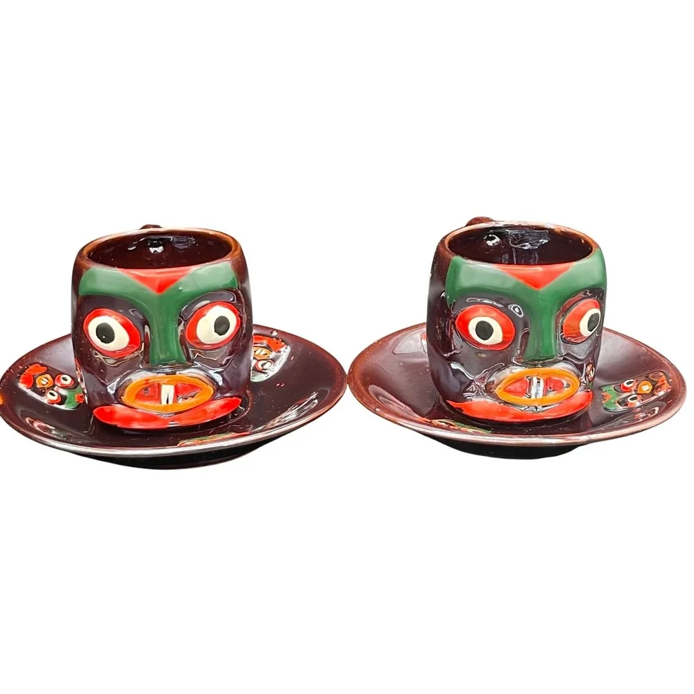 Vtg VICTORIA CERAMICS Tiki Totum Demitasse Cup & Saucer Japan Set of‎ Two 60s